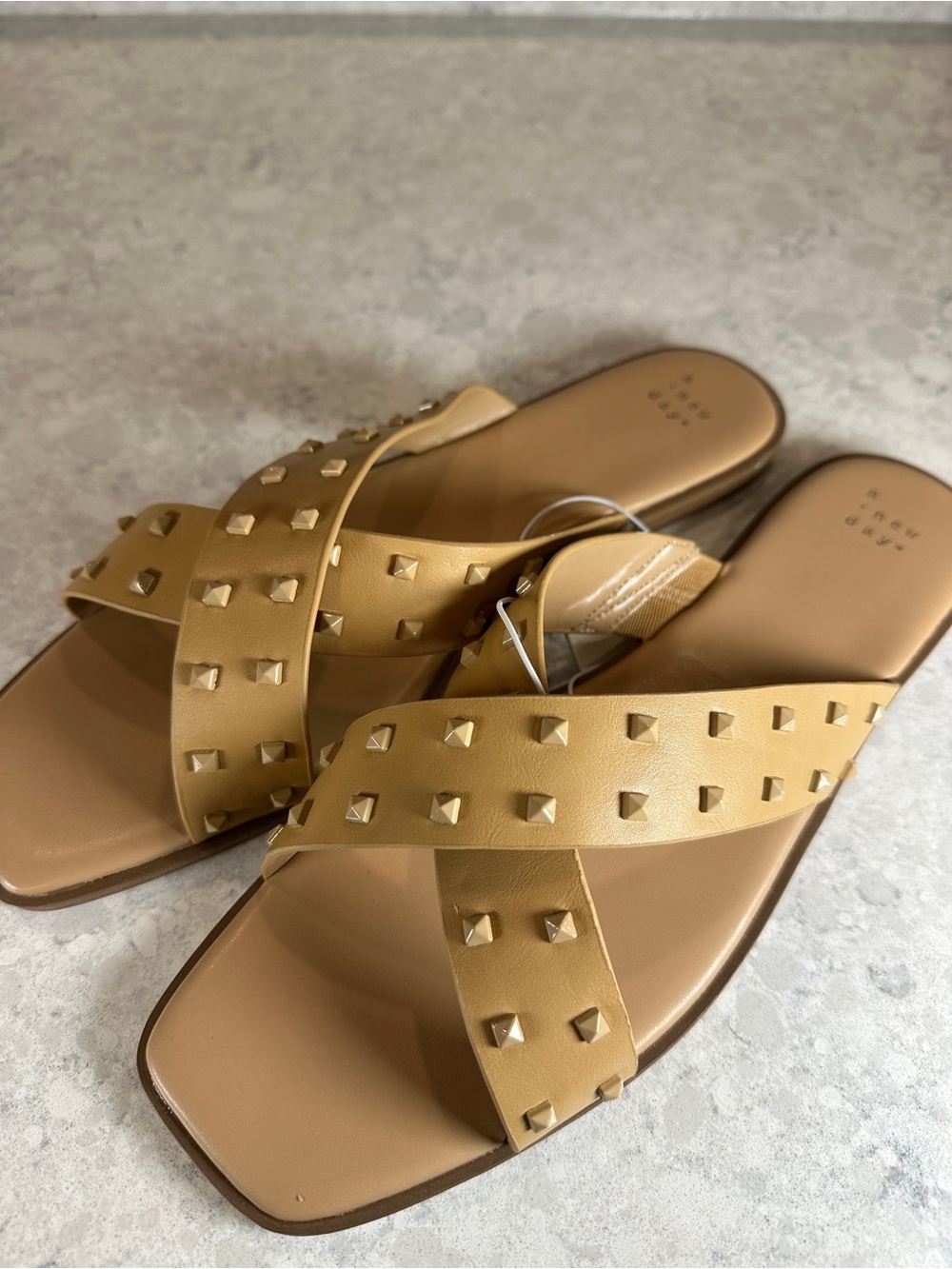 a new day Tan Studded Crisscross Slide Sandals